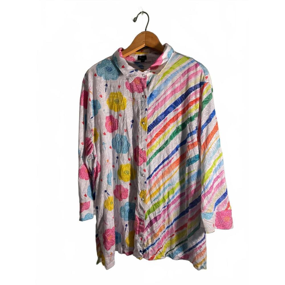 Shana Long Sleeve Button-Up Shirt with Colorful Floral and Stripe Pattern XL - Picture 2 of 9